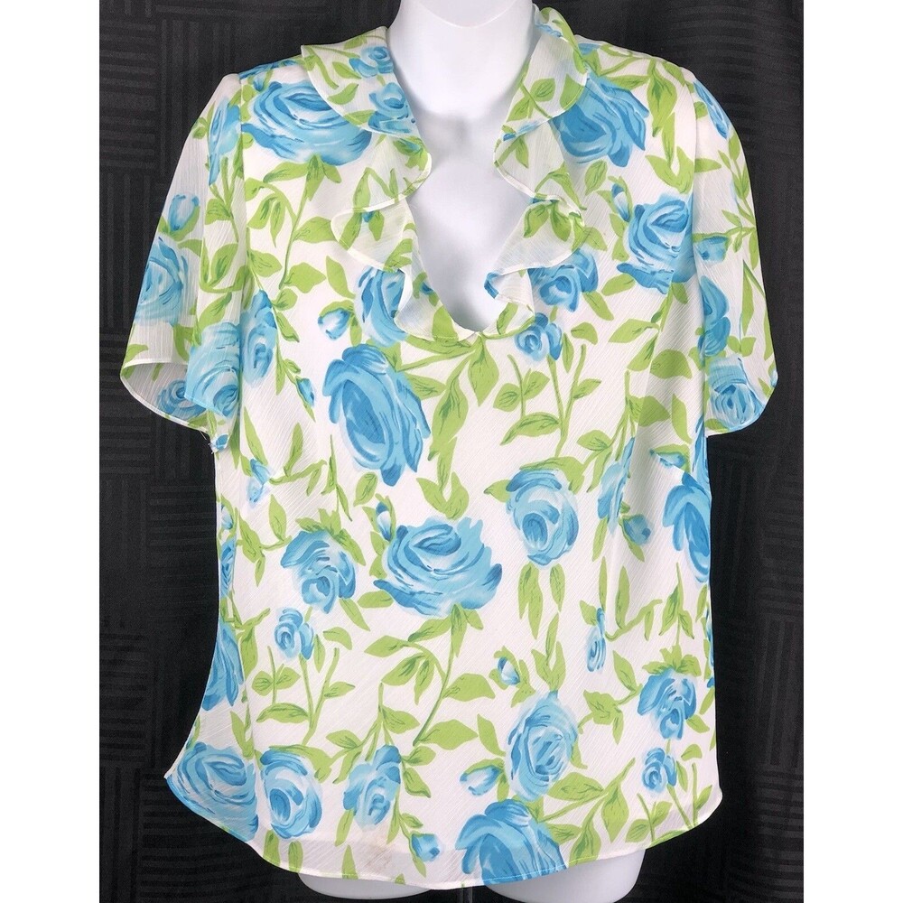 Danny Nicole Flowy Chiffon top 18 blue Floral ruffles V-neck Romantic Cottage